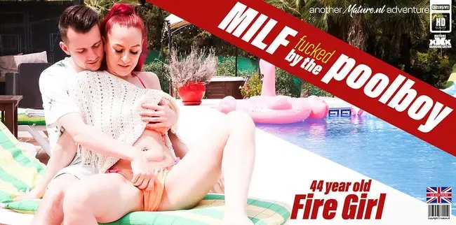 Fire Girl, Sam Bourne - The Poolboy get's seduced by MILF Fire Girl to fuck her right next to the pool under the sun 1080p